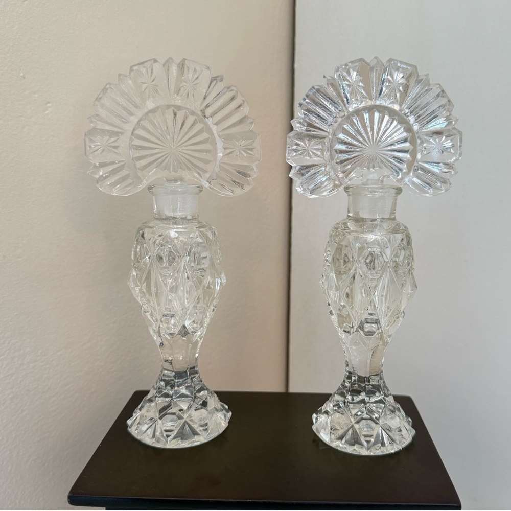 Vintage Pair of 1940’s Art Deco Clear IRICE Pressed Glass Perfume Bottles
